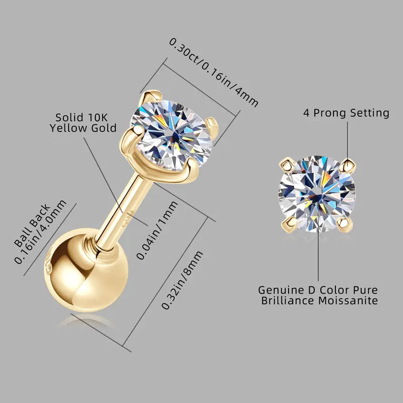 Certified Yellow Gold 4mm D Moissanite Stud Earrings 10K Solid Gold Piercing Ear Jewelry for Men Women Couple Simple Four Claws