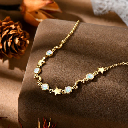 Bezel Artificial Opal Bracelet S925 Silver Chain Moon Star Bracelets for Women Girl 2024 Trendy Gift New Year Christmas