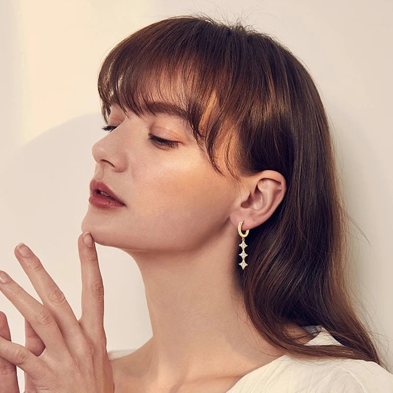 Original D0.30CT Star Moissanite Long Drop Earrings for Women Hoops 925 Silver Cute Wedding Jewelry with GRA Certificate