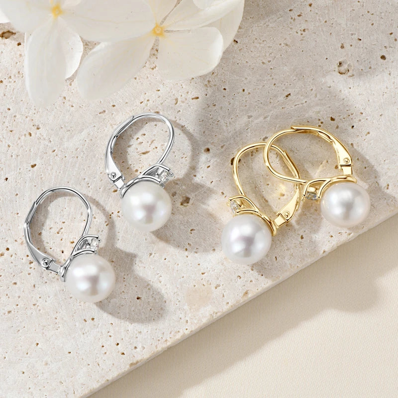925 Sterling Silver 8-9mm Natural Freshwater Pearl and 3mm Moissanite Hoop Drop Earrings Wedding Fine Jewelry for Women