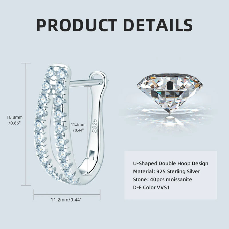 925 Sterling Silver Pavé Moissanite U Shape Hoop Earrings Round Cut 1.5mm(0.015ct*40pcs) Double Row Earring for Girl Women