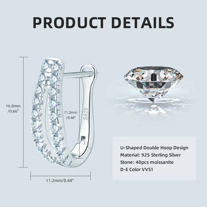 925 Sterling Silver Pavé Moissanite U Shape Hoop Earrings Round Cut 1.5mm(0.015ct*40pcs) Double Row Earring for Girl Women
