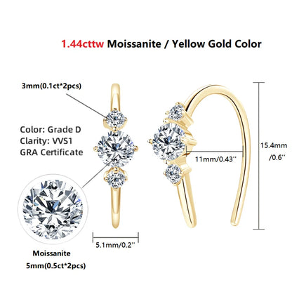 U shaped 3 Stone D0.72CT Moissanite Earrings Silver 925 Piercing Open Hoop Earrings for Women Certified Wedding Jewelry