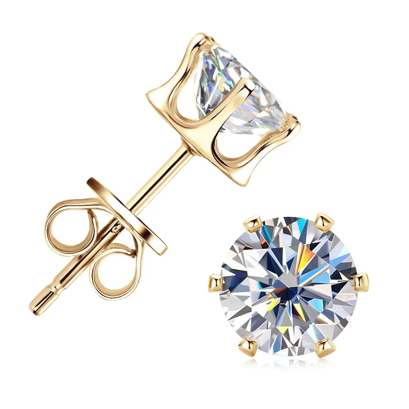 100% 925 Sterling Silver Gold Stud Earrings 6.5mm D Color Moissanite 4 Claw Earrings Classic Jewelry for Women Girl Gift