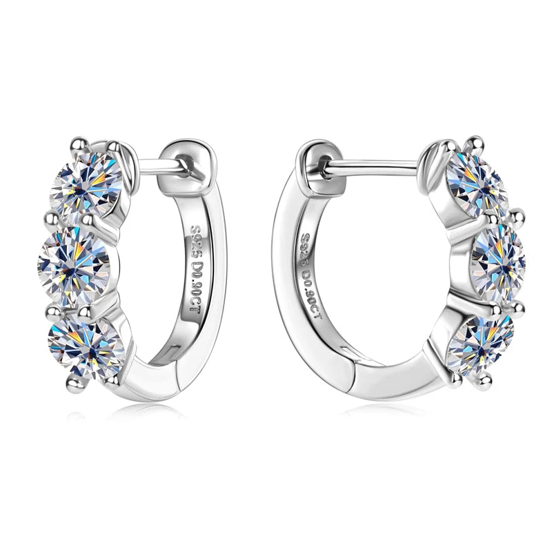 2024 New Three Stone Earrings Real 925 Sterling Silver 4mm Round Moissanite Hoop Earrings for Women Jewelry Gift Valentine Day