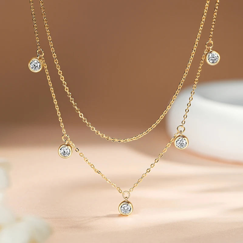 Double Layers 4mm Bezel Moissanite Pendant Necklace Silver 925 Chain for Women Certified Wedding Anniversary Jewelry Gift