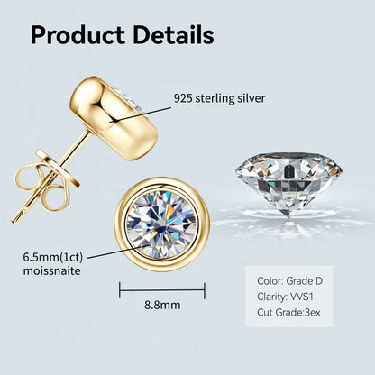 Bezel 5mm 6.5mm 1CT D Color Moissanite Earrings 925 Sterling Silver Plated K Gold Earrings for Men Women Gift Valentine's