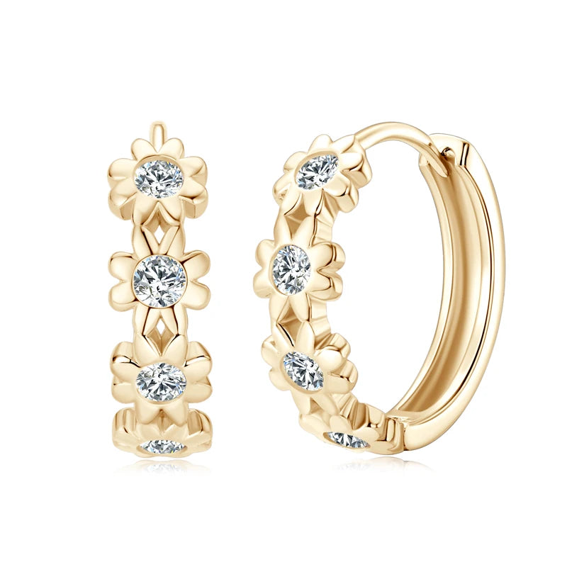 18K Yellow Gold Plated Women's Earrings Delicate Flower Hoops 2.2mm Real Moissanite 925 Silver Certified Jewelry Wedding