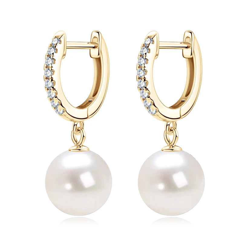 Genuine 925 Sterling Silver Moissanite Hoop Earrings 9-10mm Freshwater Pearl Drop Earring Wedding Jewelry for Women Gifts