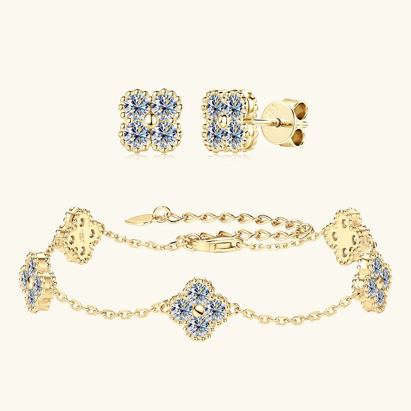 3mm D Moissanite Jewelry Set Clover Flower Pendant Necklace Earrings Bracelet 3 in 1 Sets for Women 925 Silver Charm Gifts