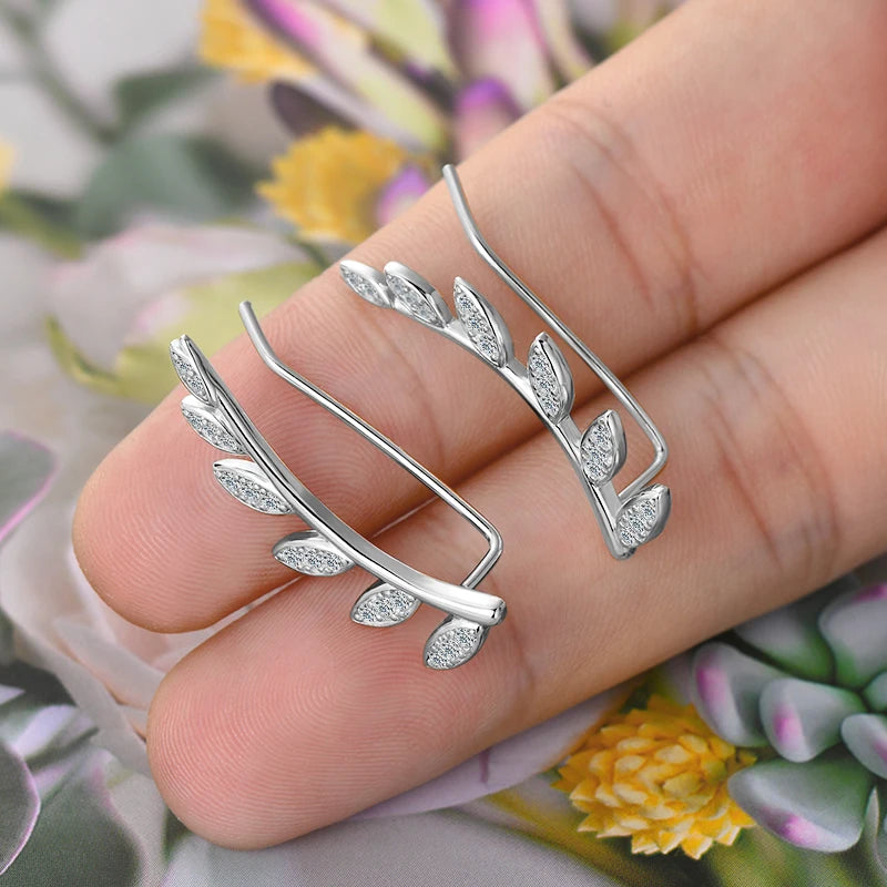 0.44CTTW. Moissanite Earrings Climber for Women 925 Silver Fashion Leaf Shaped Stud Earrings Crawler Fine Jewelry Gifts