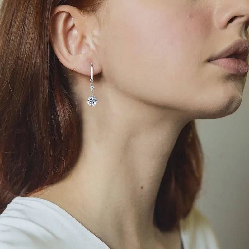6.5mm 1CT Round D Moissanite Drop Hook Earrings 925 Silver for Women Wedding Engagement Jewelry GRA Certified Ladies Gift