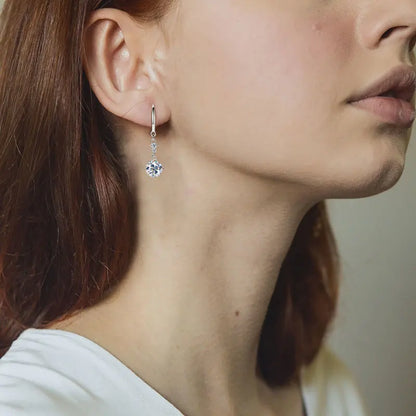 6.5mm 1CT Round D Moissanite Drop Hook Earrings 925 Silver for Women Wedding Engagement Jewelry GRA Certified Ladies Gift