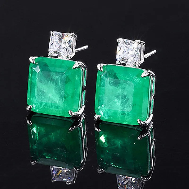 Vintage Simulated Emerald Square Stud Earrings 10*10mm Gemstone Pendant Necklace Silver 925 Plated Copper Women's  Jewelry Gift