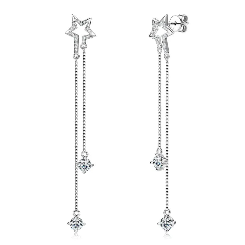 4mm D Moissanite Star Tassel Drop Stud Earrings for Women Long Chain Dangle Earrings 925 Silver GRA Certified Fine Jewelry