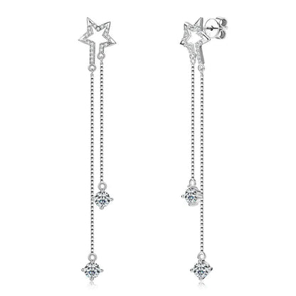 4mm D Moissanite Star Tassel Drop Stud Earrings for Women Long Chain Dangle Earrings 925 Silver GRA Certified Fine Jewelry