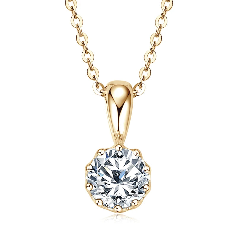 Crown Pendant Necklace 100% Real Silver 925 Chain Round 1CT VVS1 Moissanite Necklace for Women Charm Gift Birthday Jewelry