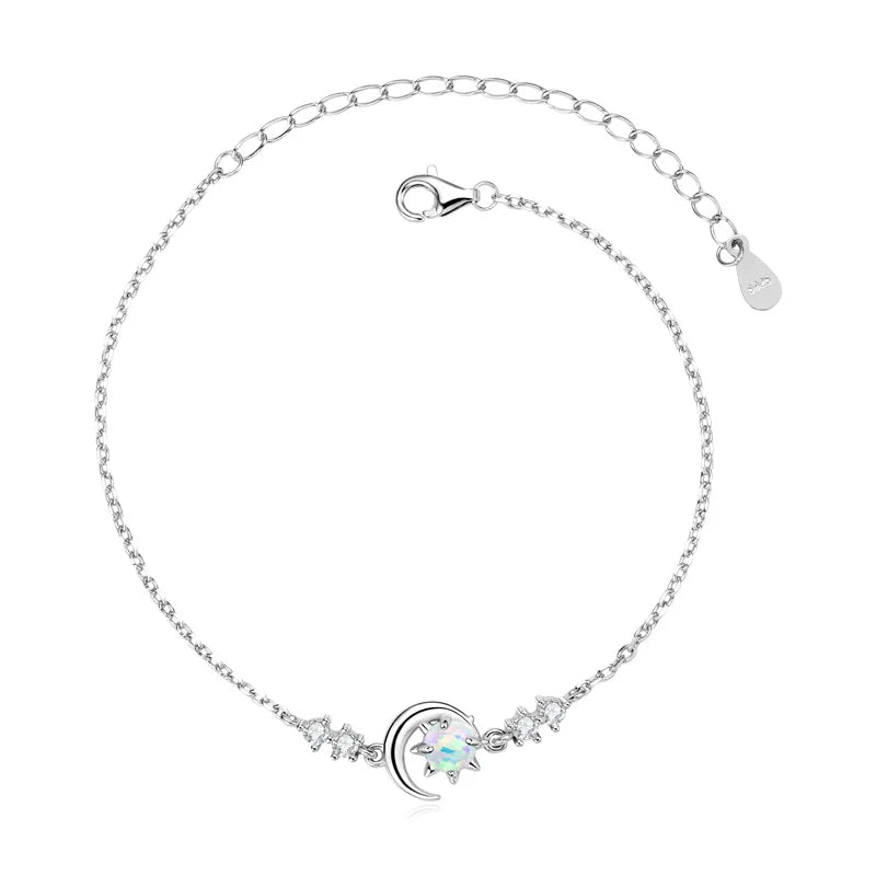 Fashion White Opal Sun and Moon Bracelet Real 925 Silver Chain Bracelets for Women with 5A Zircon New Year Christmas Gifts