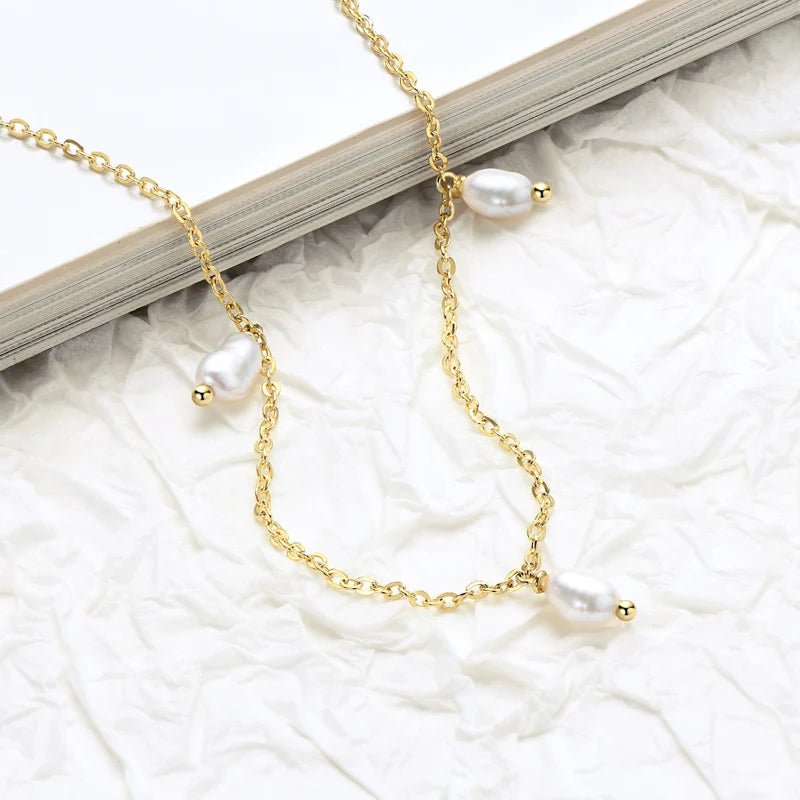 Luxury Natural Freshwater Baroque Pearl Chain Necklace 925 Sterling Silver 14K Gold Plated 3-4mm Bead Sweet Women Jewelry Gifts