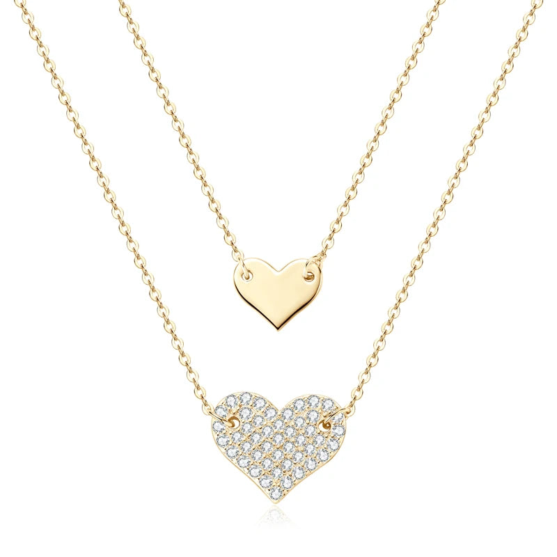 Double Layers Heart Love Necklace 925 Sterling Silver Pave Setting Round Cut Moissanite Necklace