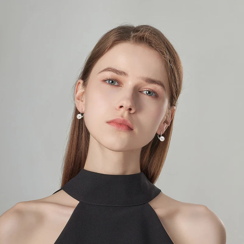 100% 925 Sterling Silver 8-9mm Natural Freshwater Pearl Drop Hoop Earrings White Pearl Wedding Fine Jewelry for Women Gift