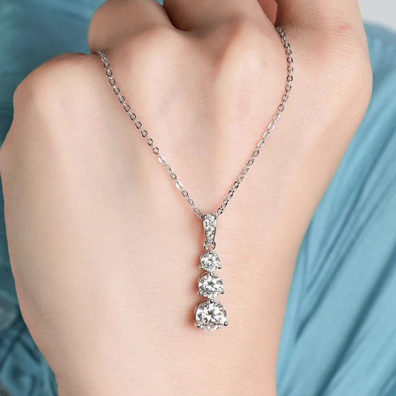 Real Certified Gradual Three Stone Moissanite Pendant Necklace 100% 925 Silver for Women Luxury Wedding Anniversary Jewelry Gift