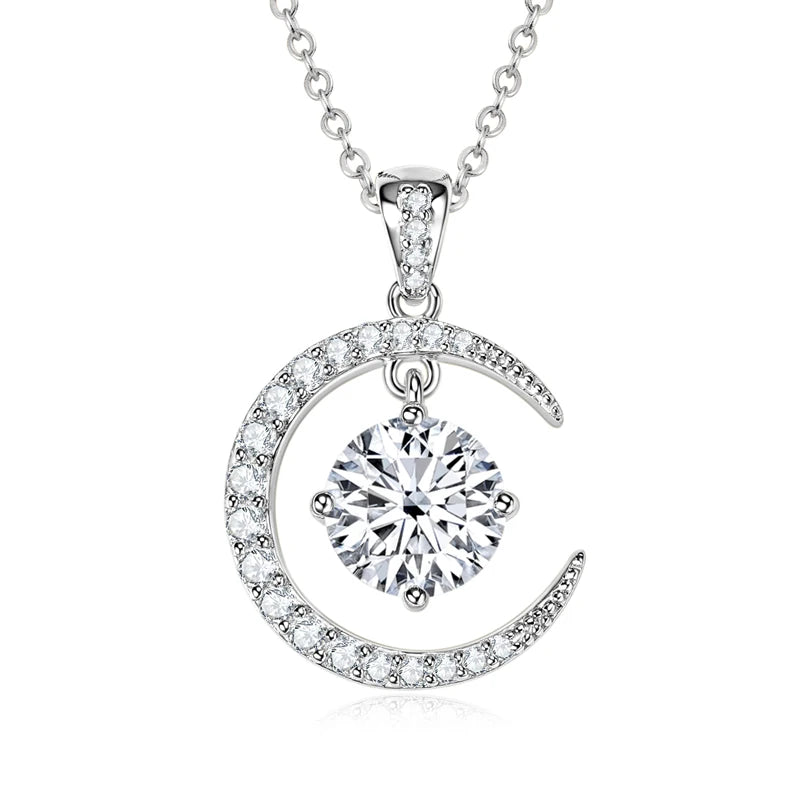 8mm 2.0CT Moissanite Sun Crescent Pendant Necklaces For Women 925 Silver Adjustable Chain Charm GRA Certified Jewelry Gift