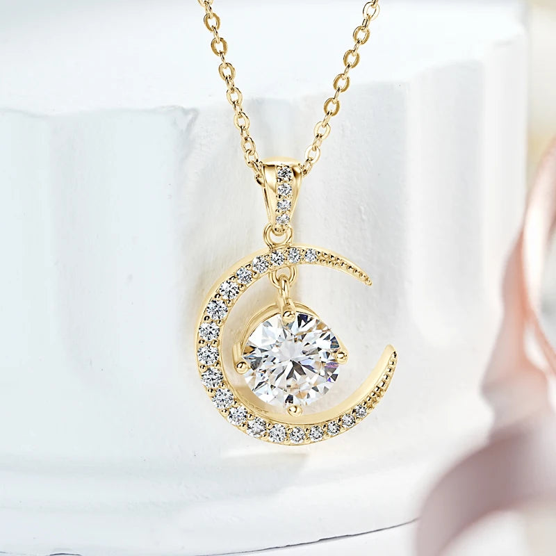 8mm 2.0CT Moissanite Sun Crescent Pendant Necklaces For Women 925 Silver Adjustable Chain Charm GRA Certified Jewelry Gift