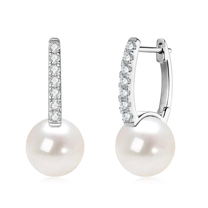 Real 925 Sterling Silver Hoops for Women 10mm Natural Freshwater Pearl Drop Earrings with 1.8mm Moissanite Diamond Jewelry Gifts