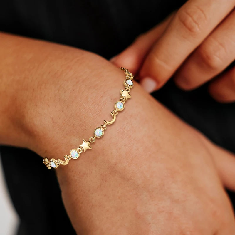 Bezel Artificial Opal Bracelet S925 Silver Chain Moon Star Bracelets for Women Girl 2024 Trendy Gift New Year Christmas