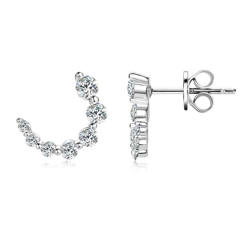 100% 925 Silver C-Shape Tapering Earrings D Color Moissanite Piercing Stud Earrings for Women Jewelry with GRA Certificate
