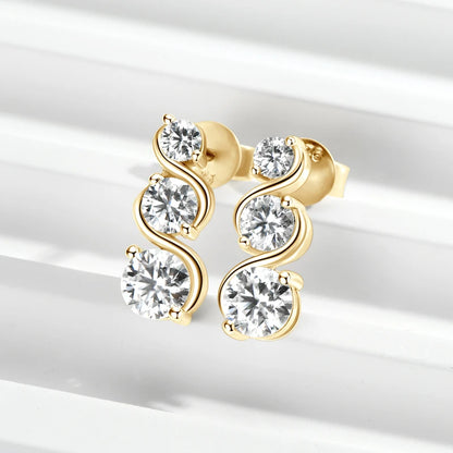 18K Gold Plated 1.80CTTW. VVS1 Round Moissanite Drop Earrings Studs Real 925 Silver for Women Wedding Party Gift 2024 New