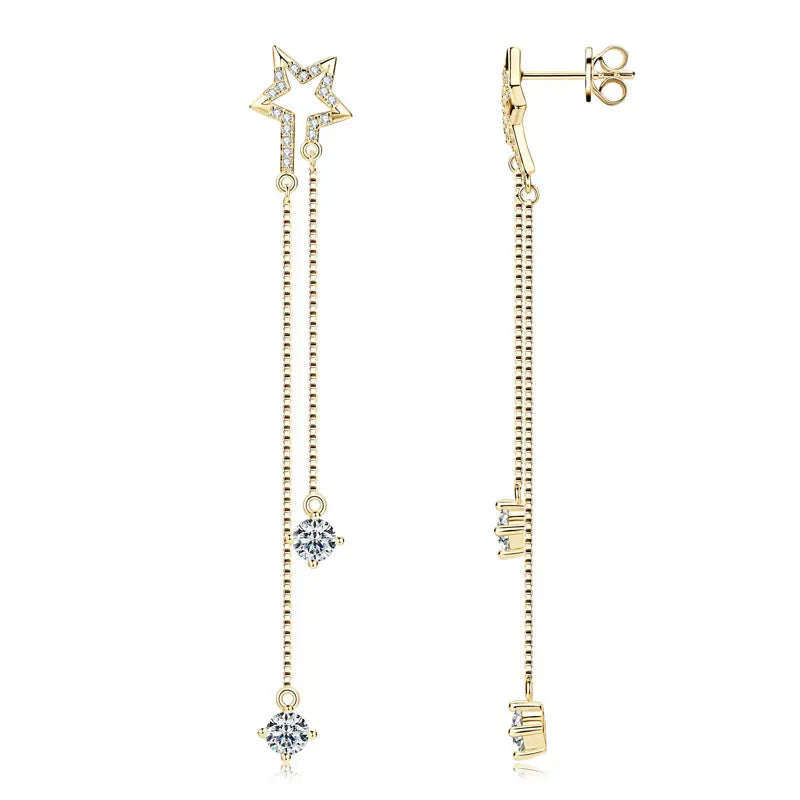 4mm D Moissanite Star Tassel Drop Stud Earrings for Women Long Chain Dangle Earrings 925 Silver GRA Certified Fine Jewelry
