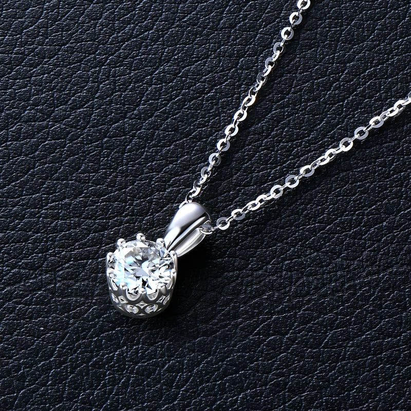 Crown Pendant Necklace 100% Real Silver 925 Chain Round 1CT VVS1 Moissanite Necklace for Women Charm Gift Birthday Jewelry