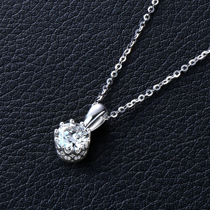 Crown Pendant Necklace 100% Real Silver 925 Chain Round 1CT VVS1 Moissanite Necklace for Women Charm Gift Birthday Jewelry