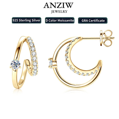 Real 3mm D Color Moissanite Earrings Cuff Double Half Hoop Studs 925 Silver for Women OL GRA Certified Jewelry Gift 2024 Fashion