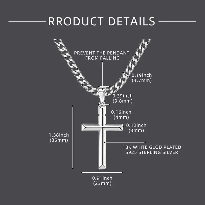 925 Sterling Silver Crucifix Cross Pendant Necklace for Men 4.7mm Durable Stainless Steel Cuban Chain Necklaces Hip Hop