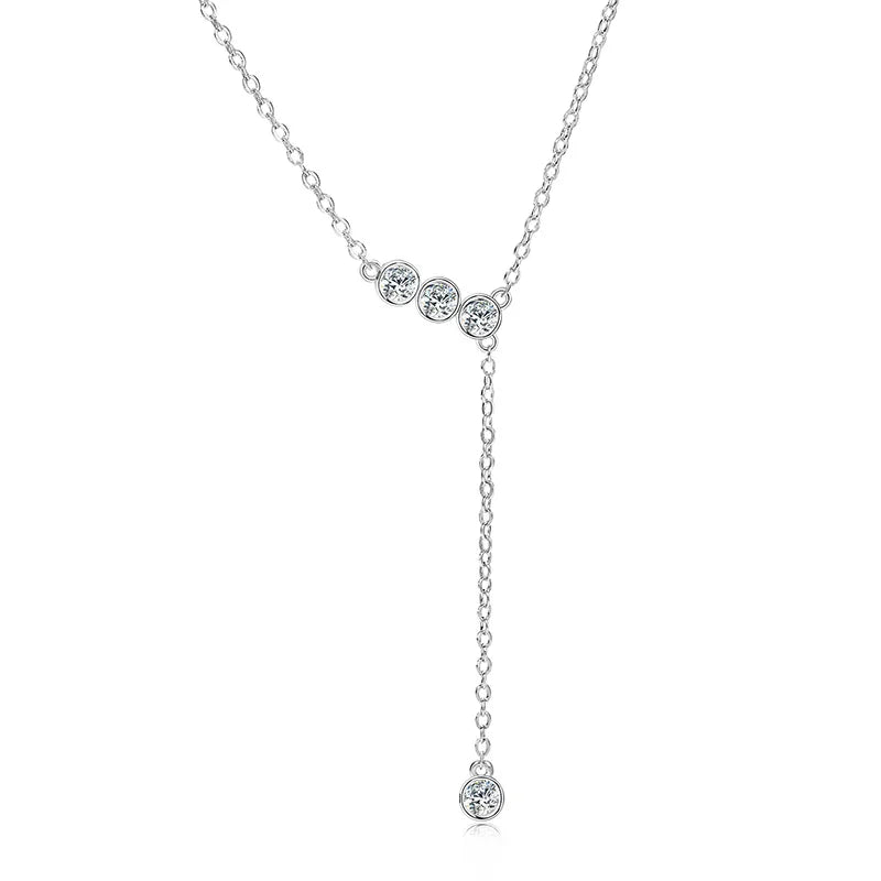 Real 925 Sterling Silver Y Lariat Necklace 2024 3mm Bezel Round Moissanite Pendant Necklaces for Women Wedding Party Jewel