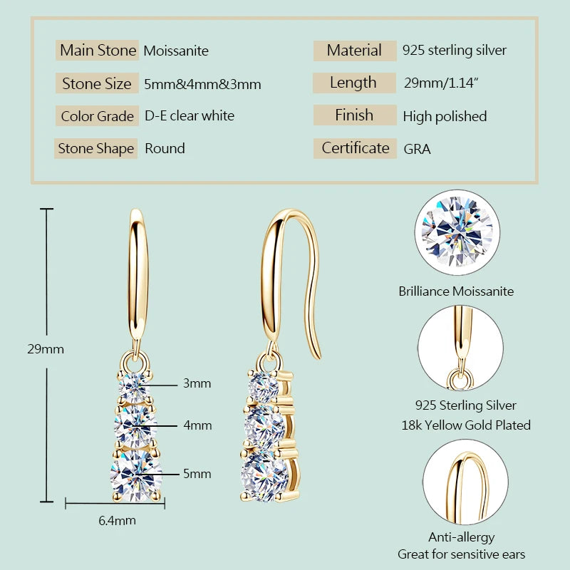 925 Silver Three Stone Hook Earrings GRA Certified 1.8CTW. Moissanite Dangel Drop Earrings Wedding Jewelry Gifts for Women