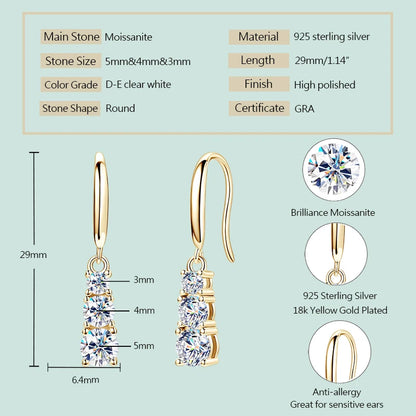 925 Silver Three Stone Hook Earrings GRA Certified 1.8CTW. Moissanite Dangel Drop Earrings Wedding Jewelry Gifts for Women