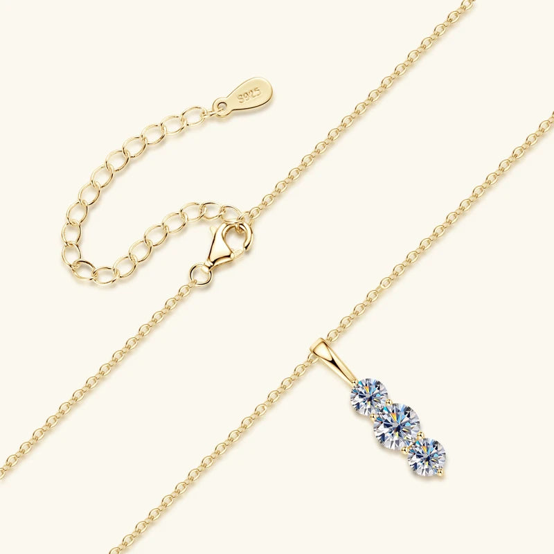 1.1ctw. D Moissanite Pendant Necklace for Women 925 Silver Three-Stone Vertical Bar Pendants Adjustable Chain Jewelry Gift
