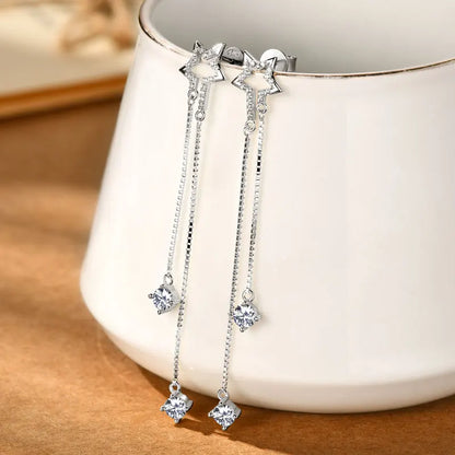 4mm D Moissanite Star Tassel Drop Stud Earrings for Women Long Chain Dangle Earrings 925 Silver GRA Certified Fine Jewelry