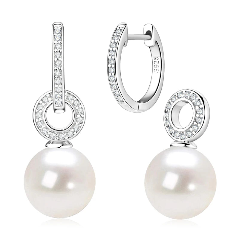Real 925 Sterling Silver Hoop Earrings 9-10mm White Shell Pearl Drop Earring Detachable Wedding Party Jewelry for Women