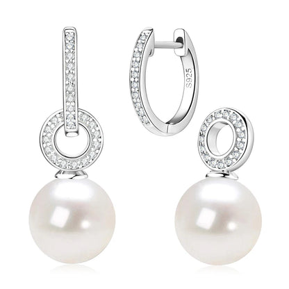 Real 925 Sterling Silver Hoop Earrings 9-10mm White Shell Pearl Drop Earring Detachable Wedding Party Jewelry for Women