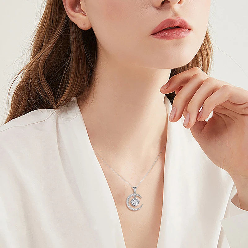 8mm 2.0CT Moissanite Sun Crescent Pendant Necklaces For Women 925 Silver Adjustable Chain Charm GRA Certified Jewelry Gift