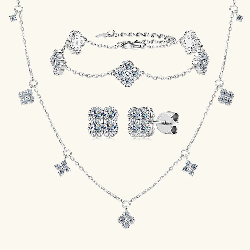 3mm D Moissanite Jewelry Set Clover Flower Pendant Necklace Earrings Bracelet 3 in 1 Sets for Women 925 Silver Charm Gifts