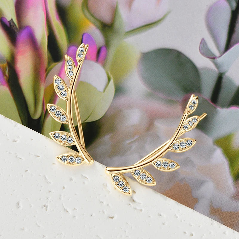 0.44CTTW. Moissanite Earrings Climber for Women 925 Silver Fashion Leaf Shaped Stud Earrings Crawler Fine Jewelry Gifts