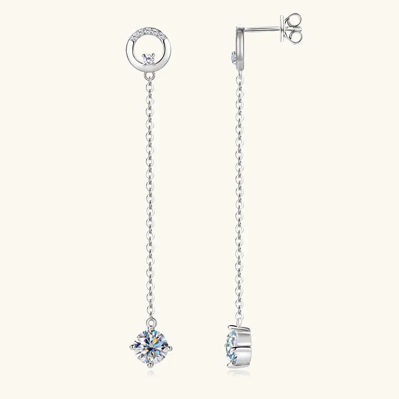 6.5mm 1.0ct D Moissanite Drop Earrings for Women 925 Silver Circle Stud Long Chain Dangle Earrings GRA Certified Jewelry