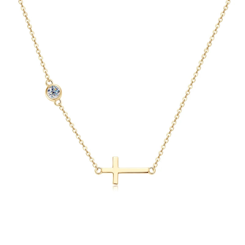 2024 New 925 Silver Cross Pendant Necklace for Women Delicate Sideway Moissanite 4mm Charm Necklace Jewelry Valentine Day Gift