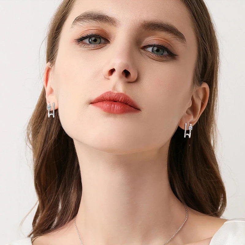 NEW 4mm Moissanite Piercing Stud Ear Cuffs 925 Sterling Silver Double Side Hoop Earrings for Women Illusion Jewelry Gifts